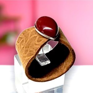 Handmade Red Jasper Genuine Leather Ring Size 8.